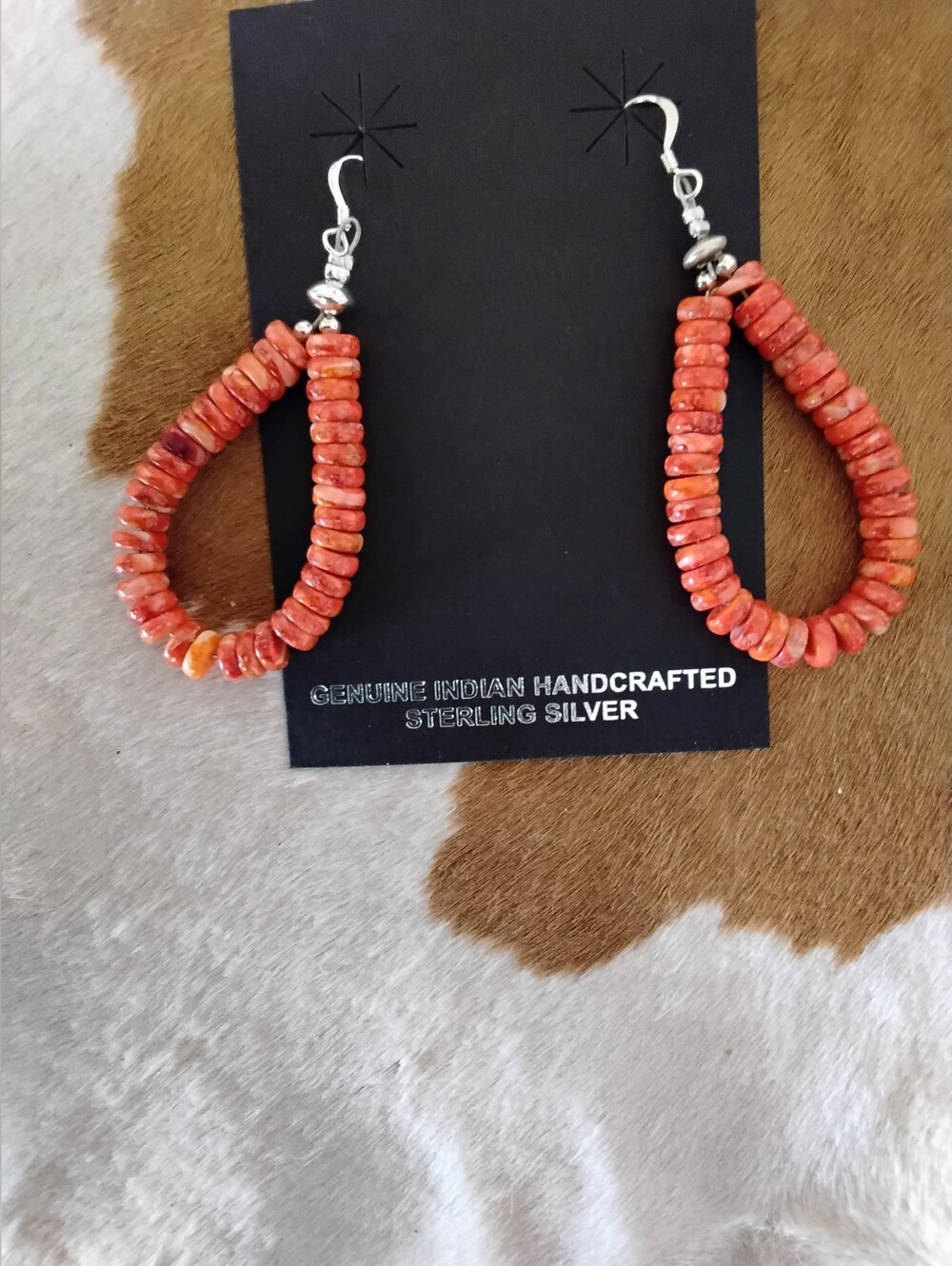 Louise Joe Navajo Handmade Orange Spiny Oyster Eardrop dangle 925 Earrings. - Picture 6 of 9